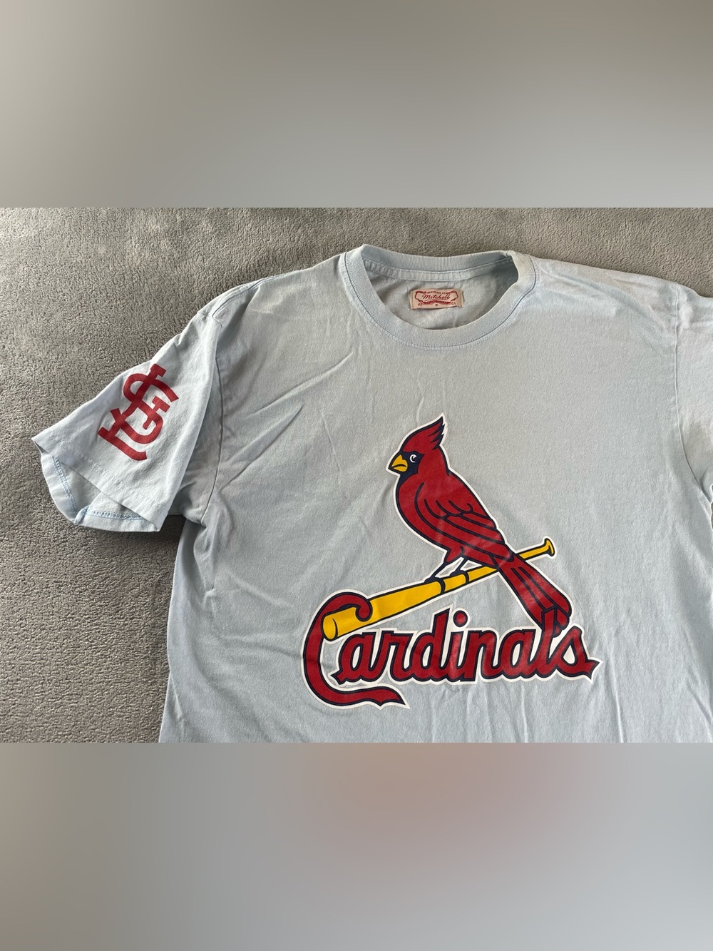 Men's Mitchell & Ness St. Louis Cardinals Logo T Shirt Large Light Blue •stains•